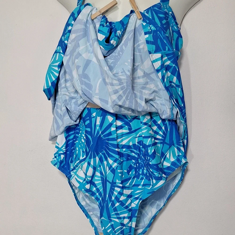 Avenue Tropical Blue One Piece Swim Dress Swimsuit